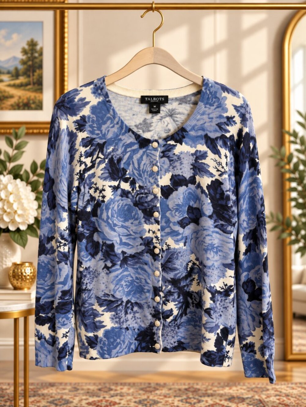Talbots Petites M Blue Floral Angora Blend Button Front Cardigan Sweater